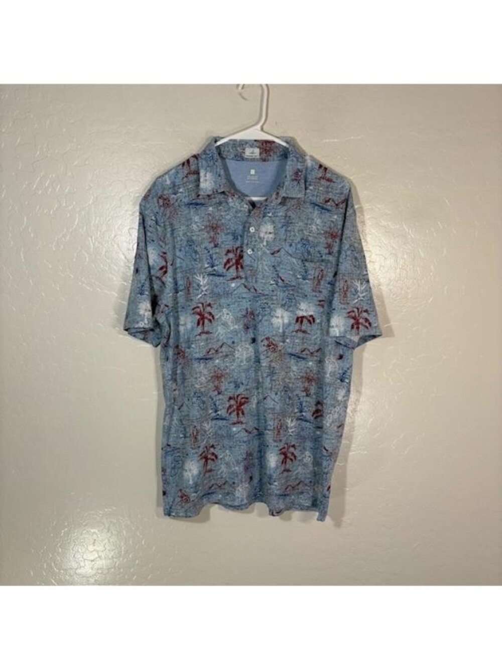 Johnnie-O Polo Shirt Mens Large Blue Tropical Beach Print Stretch Casual Top
